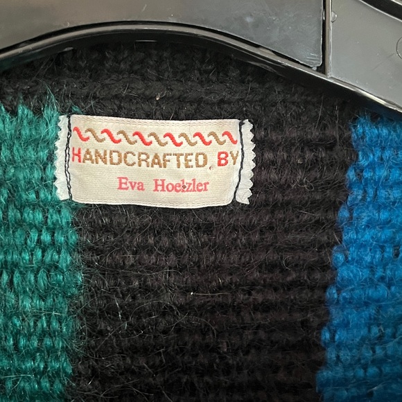 80’s Handknit Oversized Cardigan Mohair Wool & Nylon Balck with Blue XL-1X - Picture 3 of 10